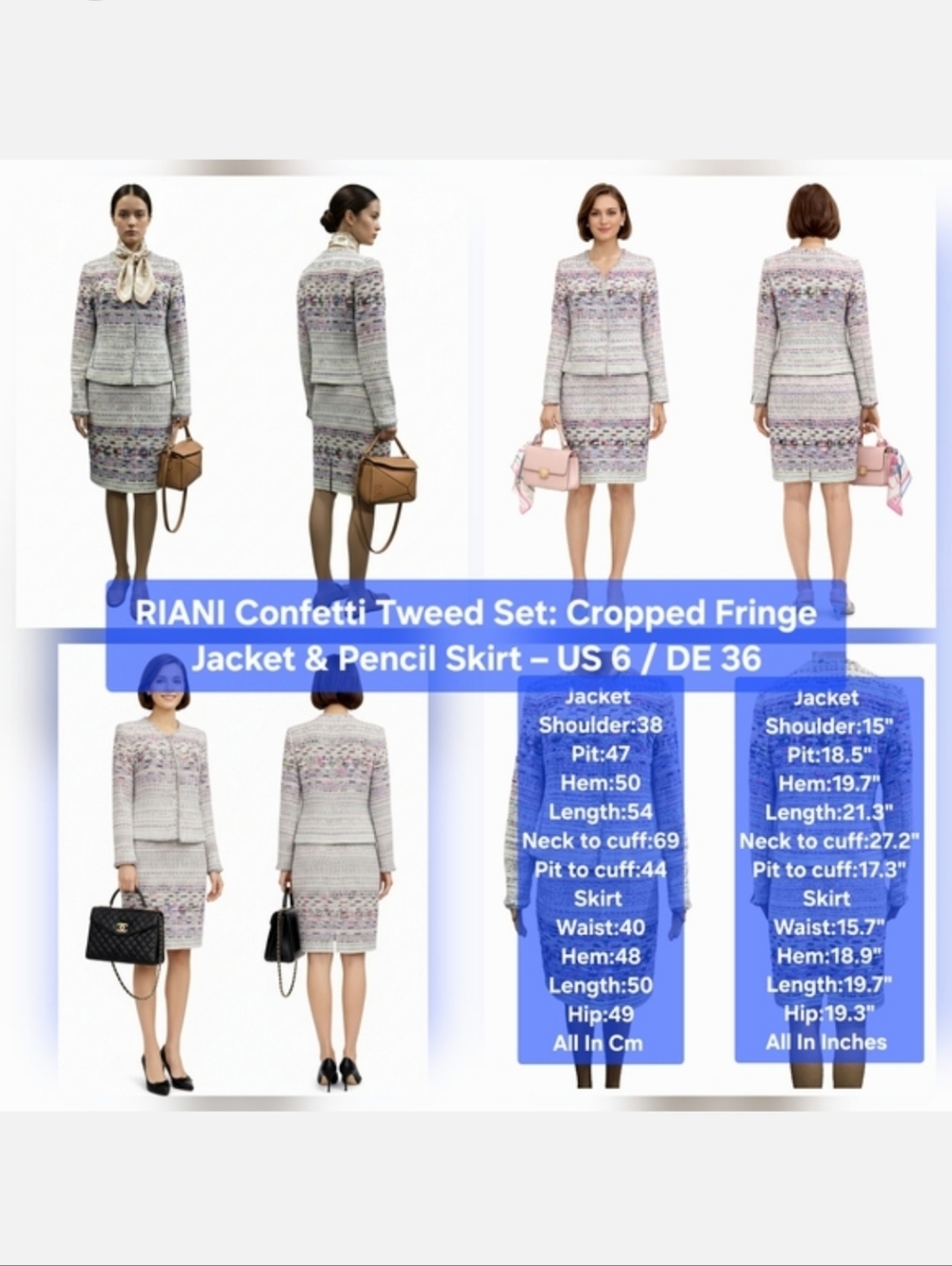RIANI Confetti Tweed Set Cropped Fringe Jacket & Pencil Skirt US 6 / DE 36